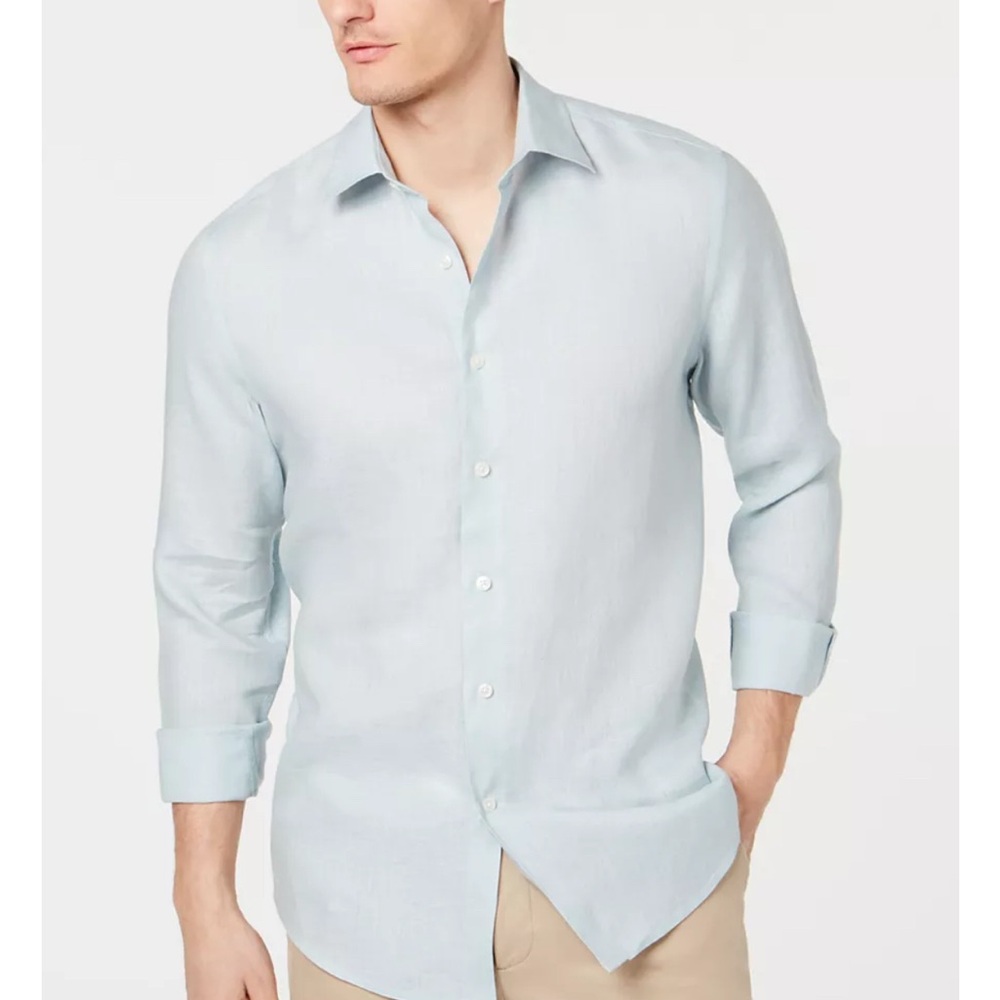 Tasso Elba Men's Light Blue Linen  Casual Button Down Shirt - Like New